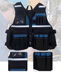 Industrial Grade Heavy Duty Adjustable Work Vest Multi Pocket Utility Carry For Plumbers Electricians Carpenters Smart Storage Pockets Tough As Nails Black Blue with mesh and multiple tool pockets.