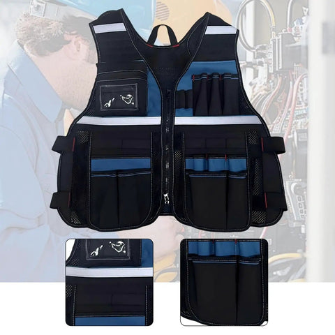 Industrial Grade Heavy Duty Adjustable Work Vest Multi Pocket Utility Carry For Plumbers Electricians Carpenters Smart Storage Pockets Tough As Nails Black Blue with mesh and multiple tool pockets.