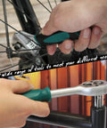 Hands using tools from 238-Piece Tool Set With Socket Wrench And Auto Repair Tools In Green Plastic Toolbox Case for bike repair