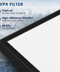 Close-up of VEVA 9000 air purifier replacement HEPA filter showing filtration efficiency text and cityscape.