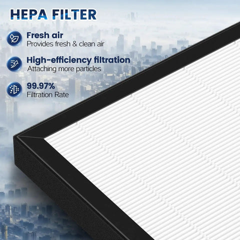 Close-up of VEVA 9000 air purifier replacement HEPA filter showing filtration efficiency text and cityscape.