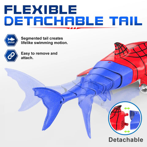 Close-up of detachable tail on Remote Control Shark Toy For Kids Rad Totally Dual Motors RC Shark with segmented blue tail.