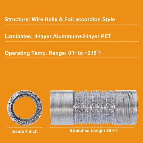 Cross-section and full length of Heavy Duty 4 Inch Dryer Vent Hose 25 Foot Flexible Duct for Exhaust Aluminum Foil Grow Tent Vent Kit