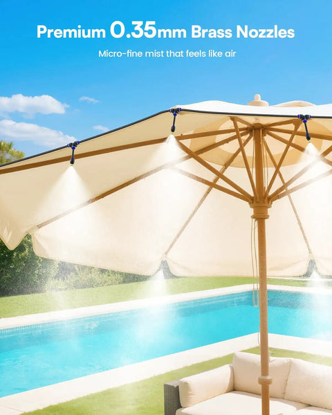 Outdoor Misting System Kit With Water Filter, 59 Ft Misting Line And 17 Premium Nozzles cooling umbrella by pool
