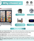 Rock Solid 54 Inch Wide Commercial Display Freezer Featuring Double Glass Doors And Anti Fingerprint Stainless Steel Build Straight Up For Boutiques Stores And Restaurant Bars, with features highlighted.