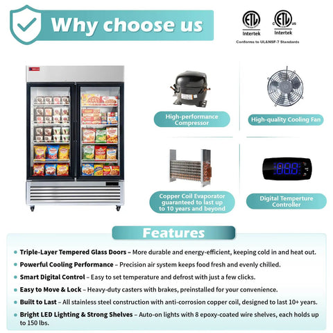 Rock Solid 54 Inch Wide Commercial Display Freezer Featuring Double Glass Doors And Anti Fingerprint Stainless Steel Build Straight Up For Boutiques Stores And Restaurant Bars, with features highlighted.