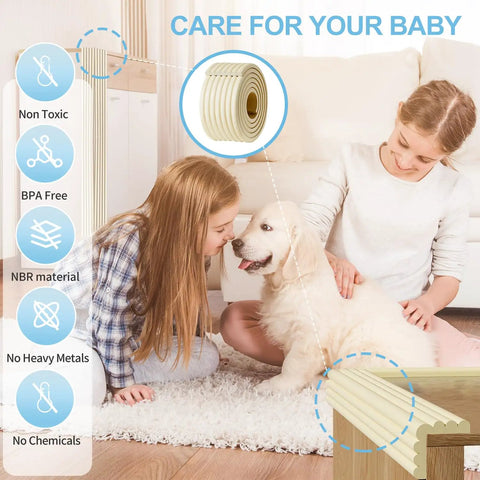 Top Shelf Baby Proof Corner Guards, Super Cuddle Soft Nbr Foam Furniture Edge Bumpers, kids playing near corner guards with dog.