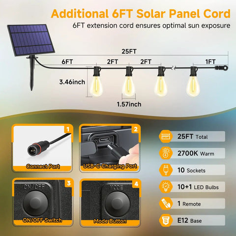 Diagram of 25Ft Solar String Lights With Remote, 3 Lighting Modes, Waterproof Dimmable Patio Lights With 11 S11 LED Bulbs, Warm 2700K