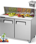 Heavy Duty Commercial Sandwich And Salad Prep Refrigerator With 48 Inch Double Doors Stainless Steel Worktop And 12 Pan Trays displaying fresh fruits and vegetables.