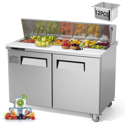 No Sweat Cooling Commercial Sandwich Prep Fridge Double Door Setup With Built Tough Stainless Steel Top And 12 Pan Station 12 Point Eight Five Cubic Feet Capacity Kitchen Real Deal with fruits and vegetables