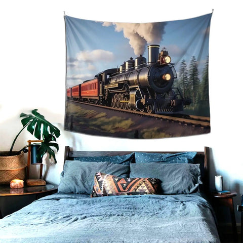 Steam Locomotive Train Wall Tapestry Art Print For Living Room Decor 60 By 51 Inches Premium Polyester Fabric Oil Painting Style