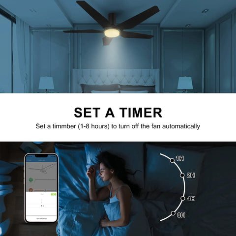 52 Inch Black Ceiling Fan With Lights For Indoor And Outdoor Use in a bedroom with smart app control and timer settings.