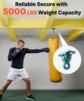 Boxer punching bag with inset image of swing hanger showing four pack heavy duty swing hangers with screws and bolts included for indoor outdoor use up to 1250 lbs each smooth dual bearing aluminum alloy brackets for porch playground yoga chair wooden.