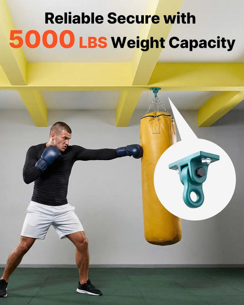 Boxer punching bag with inset image of swing hanger showing four pack heavy duty swing hangers with screws and bolts included for indoor outdoor use up to 1250 lbs each smooth dual bearing aluminum alloy brackets for porch playground yoga chair wooden.