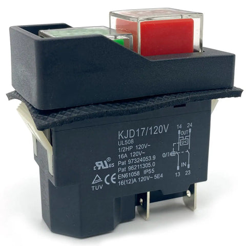 Heavy Duty 4 Pin Electromagnetic Switch 120V 16A Amps Plug And Play Start Stop Button Control showing front view with buttons and labels.