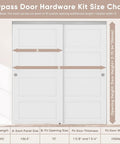 Heavy Duty Bypass Sliding Closet Door Hardware Set With Soft Close Mechanism For Two Doors, size chart showing dimensions and fit.
