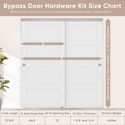 Heavy Duty Bypass Sliding Closet Door Hardware Set With Soft Close Mechanism For Two Doors, size chart showing dimensions and fit.