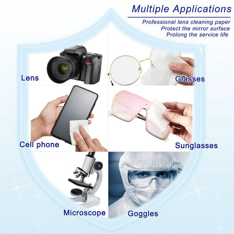 Lens cleaning paper tissues with 2 double-sided cleaning cloths for cameras, glasses, screens; 500 pcs in 10 booklets.