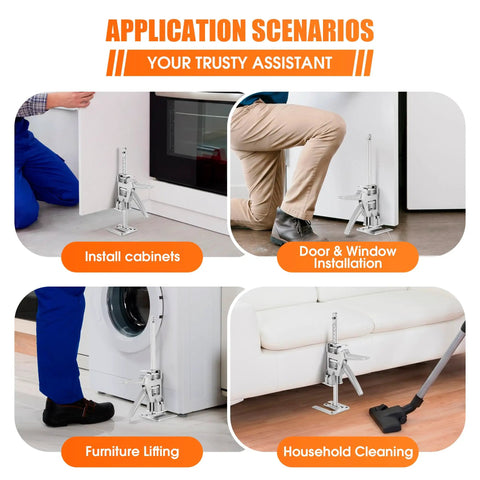Heavy Duty Stainless Steel Arm Jacks, Set Of Two in action for furniture lifting, cabinet installation, and cleaning tasks.