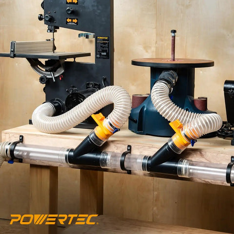 Two And A Half Inch Y Fitting For Dust Collection Hose Splitter And Two And A Half Inch Hose Connector Fittings installed on dust collection system in a woodshop