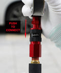 Beefed Up Heavy Duty One Quarter Inch By Fifty Foot Polyurethane Air Hose With Reinforced Construction, red quick coupler in use.