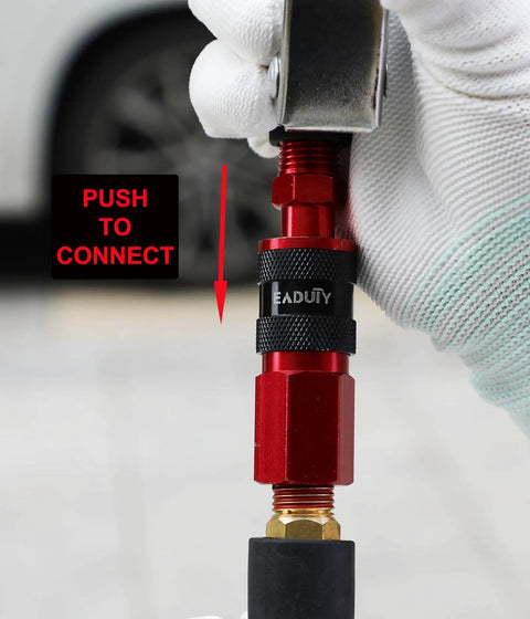 Close-up of aluminum quick coupler used with Slick Hybrid Air Compressor Hose 1/4 Inch By 25 Ft for easy connection.