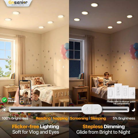 Kickass Brightness 12 Pack 6 Inch Led Recessed Lighting With Zero Hassle Canless Wafer Design in dimmable bedroom setting.