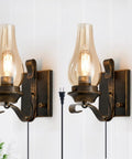 Retro Rustic Oil Rubbed Bronze Plug In Wall Sconce Set Of 2 With Amber Glass For Indoor Vintage Bedside Lighting