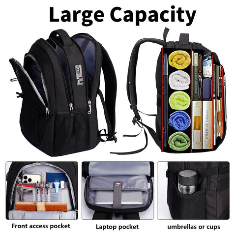 Anti Theft Laptop Backpack With Combination Lock For Travel And Everyday Carry Fits 17 Inch Laptops Ideal For Students And Pros Women And Men Roomy Main Compartment With Easy Access Pockets Grey showing multiple compartments and pockets for organization, large capacity design with easy access features.