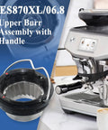 Upper Burr Assembly With Handle Replacement Part For Select Espresso Machines And Grinders shown with a silver espresso machine