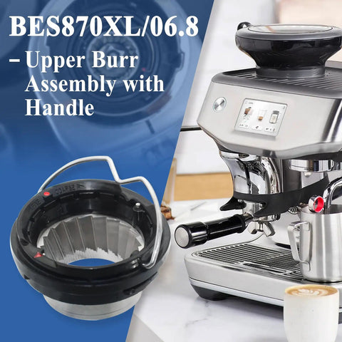 Upper Burr Assembly With Handle Replacement Part For Select Espresso Machines And Grinders shown with a silver espresso machine