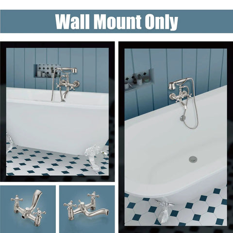 Wall Mount Bathtub Faucet With Brushed Nickel Finish, Double Cross Handles, Tub Filler With Handheld Shower Sprayer, Vintage Telephone Style Basin Mixer Tap With Swivel Spout, No Fuss All Metal Solid Brass Construction