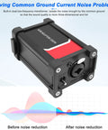 Audio Isolator Box For XLR And 1/4 Inch TRS Gear, Hum Eliminator With Ground Lift Switch, front view with ports visible