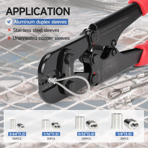 Wire Rope Crimping Tool Kit for 3/64 Inch to 1/8 Inch Rope, Swager Kit With 330 Loop Sleeves And 45 Stainless Steel Thimbles, IWS-1608MC