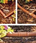 20 Pack USA Made Brown Drip Irrigation Barbed Fittings Kit for 1/2 Inch Tubing showing elbow, tee, coupling connectors in garden setup.