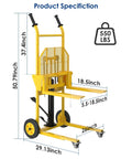 Yellow hydraulic material lift dolly with 550 lb capacity, steel pallet lift, 18.5" forks and 37.4" max lift.