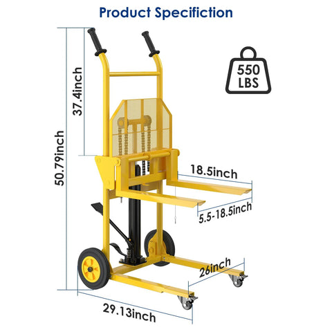 Yellow hydraulic material lift dolly with 550 lb capacity, steel pallet lift, 18.5" forks and 37.4" max lift.