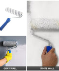 Lightweight Small Paint Roller With Ergonomic Handle For Fast Wall Coverage And Crisp Clean Edges Ideal For Ceilings Trim And Furniture Zero Drip Formula in use on gray and white walls.