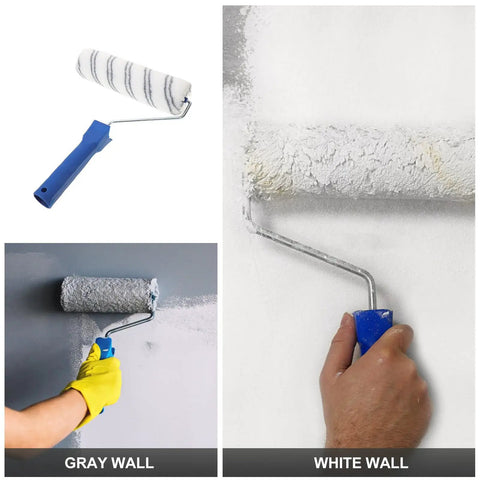 Lightweight Small Paint Roller With Ergonomic Handle For Fast Wall Coverage And Crisp Clean Edges Ideal For Ceilings Trim And Furniture Zero Drip Formula in use on gray and white walls.