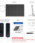 Components of 2W Solar Panel For Blink Outdoor 4 Camera And Video Doorbell USB C Solar Charger with mounts and screws.