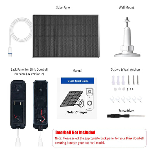 Components of 2W Solar Panel For Blink Outdoor 4 Camera And Video Doorbell USB C Solar Charger with mounts and screws.