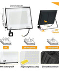 JUDYSSY Led Floodlight Motion Sensor Led Reflector 50W 100W Outdoor Waterproof Spotlight showing features and 180° rotation.