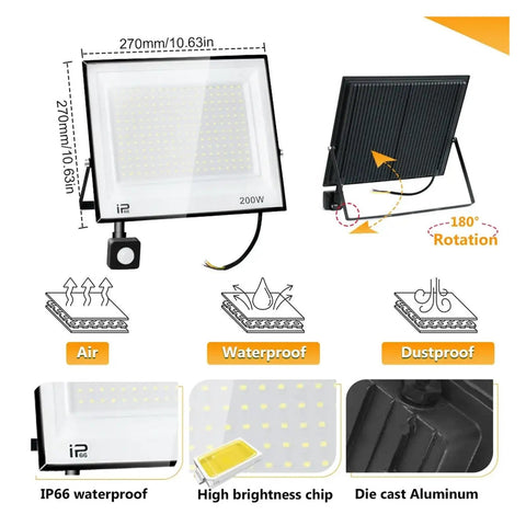 JUDYSSY Led Floodlight Motion Sensor Led Reflector 50W 100W Outdoor Waterproof Spotlight showing features and 180° rotation.