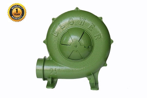 Electric Blacksmith Forge Blower 110V 250W For Coal Fires, shown in green with warranty badge, blacksmithing tool.