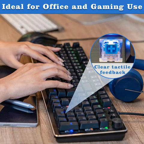 Person typing on keyboard with Blue 3 Pin Clicky Tactile Mechanical Keyboard Switches 50 Pcs DIY Replacement Kit shown