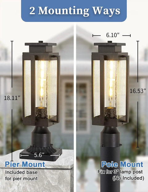 Heavy Duty 18 Inch Outdoor Post Light Lantern With Pier Mount Base, IP65 Waterproof Black Finish And Seeded Glass