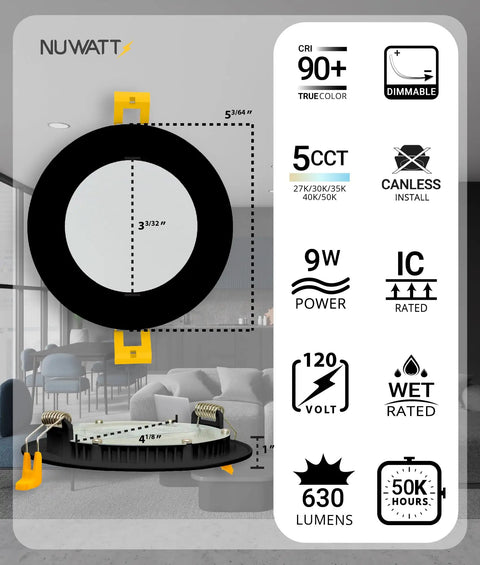 Infographic of 6 Pack 4 Inch Ultra Thin Black LED Recessed Lights With 5 Color Temperatures 2700K 3000K 3500K 4000K 5000K, 630LM, 9W