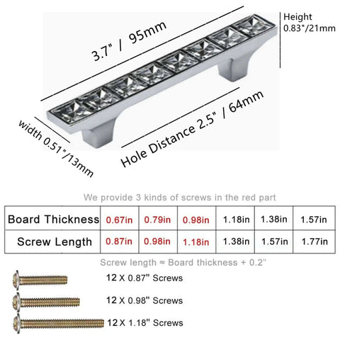 Six Pack Crystal Glass Rhinestone Drawer Pulls Knobs with dimensions and screw sizes diagram, zinc alloy, 2.5 inch hole centers