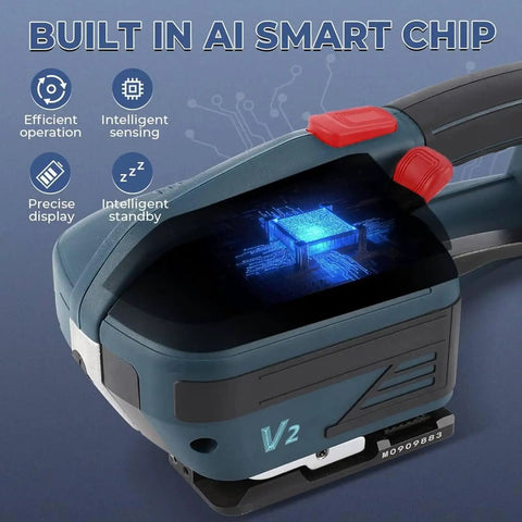 Heavy Duty Electric Strapping Tool With Portable Battery Powered Packaging Machine and LCD Screen featuring 4000Mah capacity close-up of smart chip.