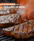 Grilled steaks sizzling on grill with flames, promoting Accessories for Your Grilling Season. Text overlay on image.